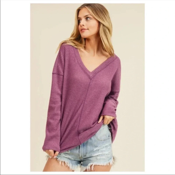 Oversized Plum Waffle Knit V-Neck Top | Soft Brushed Long Sleeve Pullover - Picture 3 of 7